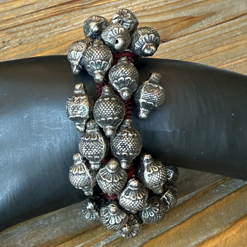 Vintage Rajasthan Tribal Silver Bead Bracelet Woven Cord Gajre Indian Ethnic 72g